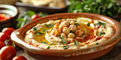 ai gegenereerd romig hummus traditioneel Arabisch genot foto