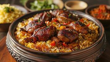 ai gegenereerd culinaire uitmuntendheid de rijkdom van authentiek Arabisch kabsa foto