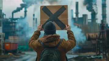 ai gegenereerd terug schot van een Mens Holding een protest teken met verontreiniging van een industrieel achtergrond foto