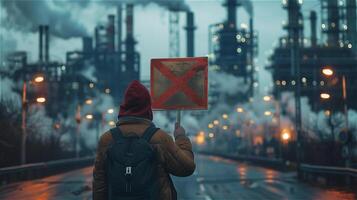 ai gegenereerd terug schot van een Mens Holding een protest teken met verontreiniging van een industrieel achtergrond foto