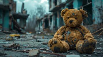 ai gegenereerd weggegooid teddy beer tegen de achtergrond van een vernietigd stad foto