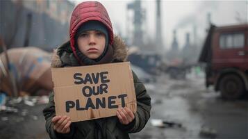 ai gegenereerd ongelukkig jongen houdt een protest teken dat schrijven opslaan onze planeet foto
