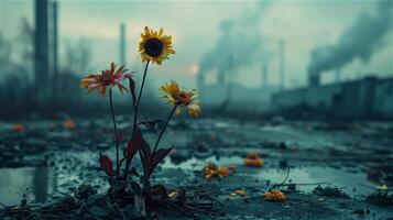 ai gegenereerd bloemen stervende van lucht verontreiniging in verontreiniging van industrieel achtergrond foto