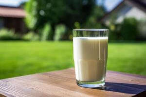 ai gegenereerd glas van melk Aan de tafel foto