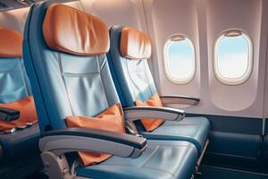 ai gegenereerd leeg vliegtuig cabine met comfortabel stoelen foto