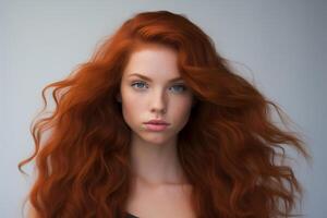 ai gegenereerd detailopname portret van een meisje met gekruld rood haar- foto