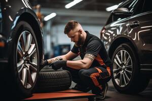 ai gegenereerd auto mechanica veranderen band Bij auto reparatie winkel garage foto