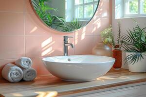 ai gegenereerd wit keramisch wastafel en chroom kraan, ronde spiegel Aan perzik muur, modern badkamer interieur ontwerp foto