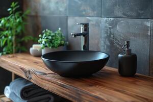 ai gegenereerd modern badkamer, zwart keramisch wastafel en chroom kraan Aan een houten teller foto
