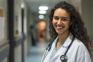 ai gegenereerd jong glimlachen vrouw dokter met een statoscope Aan haar nek in een ziekenhuis gang foto