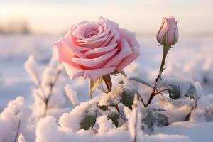 ai gegenereerd mooi roze roos in de sneeuw Aan een ijzig dag foto