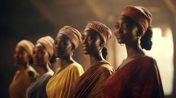 ai gegenereerd een groep van Afrikaanse Dames vervelend kleurrijk sjaals en hoofd wraps foto