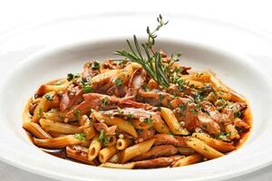 penne met filet filets en oosters saus foto