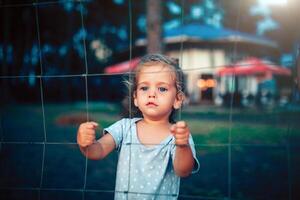 de weinig meisje houdt Aan naar de hek met beide handen en looks in de camera door de rooster foto