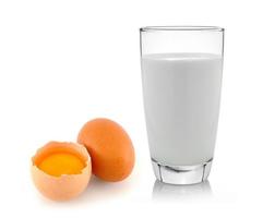 ei en melk geïsoleerd op witte achtergrond foto