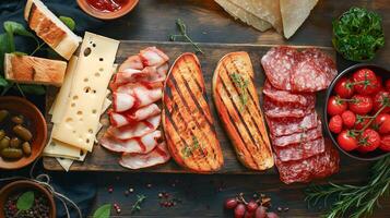 ai gegenereerd gegrild kaas en vlees hapjes, tomaten, geroosterd brood, geroosterd brood, kruiden, spek, Aan een houten bord Aan een donker hout tafel, top visie. foto