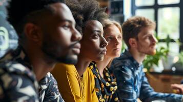 ai gegenereerd mensen van verschillend races werken samen in de kantoor. diversiteit, inclusiviteit. gezichten in detailopname, zijwaarts in de achtergrond. foto