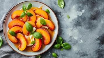 ai gegenereerd gebakken perziken met honing en mascarpone in een mooi gerecht. vers fruit in een gerecht. fruit toetje in detailopname met bokeh in de achtergrond, heerlijk voedsel. foto