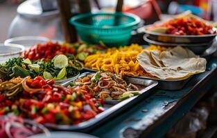 een dienblad met Mexicaans straat voedsel Aan Mexico straat. nationaal keuken, detailopname, bokeh in de achtergrond. foto