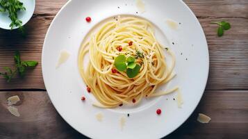 ai gegenereerd Italiaans pasta met Oostindische kers blad pesto. Italiaans keuken, voedsel Aan een bord, pesto, pasta, top visie, een plaats naar kopiëren. foto