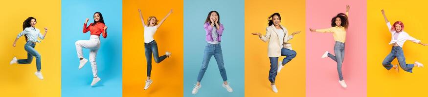 verschillend dolblij Dames jumping in lucht tegen kleurrijk studio achtergronden foto