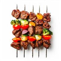 ai gegenereerd vlees vleespen met groenten geïsoleerd Aan wit achtergrond foto