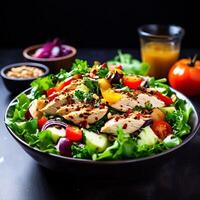 ai gegenereerd kip filet met salade Bij wit tafel gezond voedsel keto eetpatroon eetpatroon lunch concept top visie foto