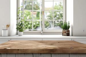 ai gegenereerd houten tafel Aan keuken wastafel venster achtergrond foto