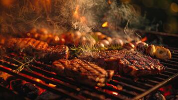 ai gegenereerd een buitenshuis barbecue rooster net zo vlammen dans in de omgeving van sappig vlees en groenten, oproepen tot de watertanden aroma van gegrild lekkernijen in de Open lucht. foto