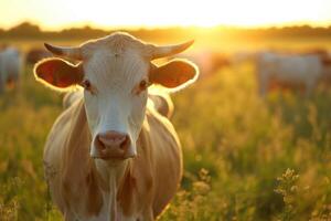 ai gegenereerd koeien begrazing Aan gras veld- Bij zonsondergang, een koe looks Bij camera. foto