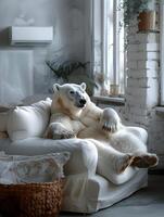 ai gegenereerd een polair beer aan het liegen Aan een sofa in een modern leven kamer. hoog kwaliteit. ai generatief foto
