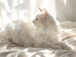 ai gegenereerd een wit kat met glimmend vacht schijnend in de zonlicht. hoge resolutie. ai generatief foto