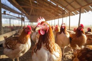 ai gegenereerd kippen boerderij en veld- foto