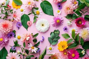 ai gegenereerd bloemen lay-out met kleurrijk voorjaar bloemen voor groet kaarten en decoratie. foto