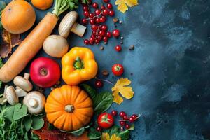 ai gegenereerd herfst veganistisch ingrediënten Aan donker blauw achtergrond. foto