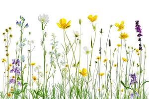 ai gegenereerd divers weide gras stengels met kleurrijk bloemen Aan wit achtergrond. foto