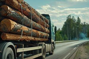 ai gegenereerd hout vervoer vrachtvervoer logboeken Aan buitenwijk snelweg in Europa. foto