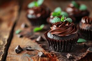 ai gegenereerd munt chocola cupcakes Aan houten tafel. foto