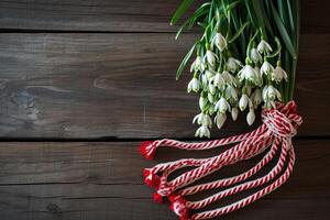 ai gegenereerd sneeuwklokje bloem boeket ansichtkaart voor maart 1 vakantie foto