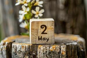 ai gegenereerd dag van de maand. houten kubussen met de opschrift 2 mei . de mei vakantie. hoog kwaliteit foto