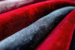 ai gegenereerd kleding stof monsters voor meubilair bekleding macro grijs en rood texturen. foto