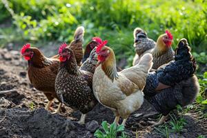 ai gegenereerd boerderij kippen in een groep. foto