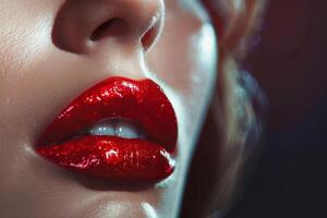 ai gegenereerd dichtbij omhoog rood lippen dichtbij omhoog. mooi perfect bedenken schoonheid Dames en schoonheidsmiddelen met modieus kleurrijk maken omhoog foto