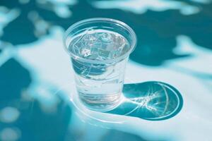 ai gegenereerd Doorzichtig glas van water gieten een schaduw Aan een blauw oppervlakte gedurende daglicht foto