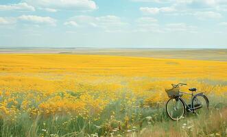 ai gegenereerd wijnoogst fiets met rieten mand staand in een bloeiend geel koolzaad veld- Aan een zonnig dag foto
