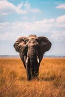 ai gegenereerd majestueus Afrikaanse olifant roamen vrij in een gouden savanne Bij schemer foto