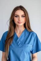 ai gegenereerd zelfverzekerd jong vrouw medisch professioneel in blauw scrubs tegen een duidelijk achtergrond foto