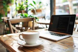 ai gegenereerd gewoontjes ochtend- werk opstelling Bij een knus koffie winkel met laptop en cappuccino foto