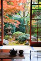 ai gegenereerd traditioneel Japans thee reeks Aan tatami mat met uitzicht een sereen herfst tuin foto