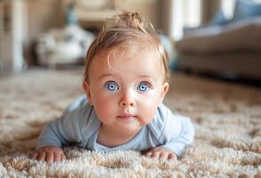 ai gegenereerd aanbiddelijk baby kruipen Aan een zacht wit tapijt in een knus leven kamer instelling foto